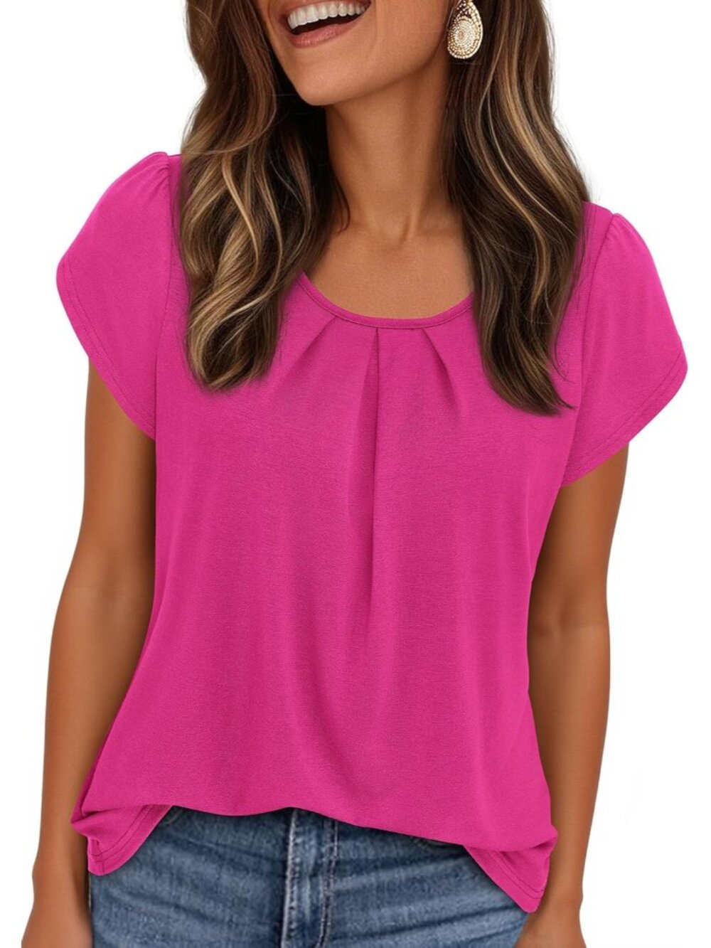 Women's Hot Pink Short Sleeve Pull On Crew Neck Casual Tops Imported T Shirts